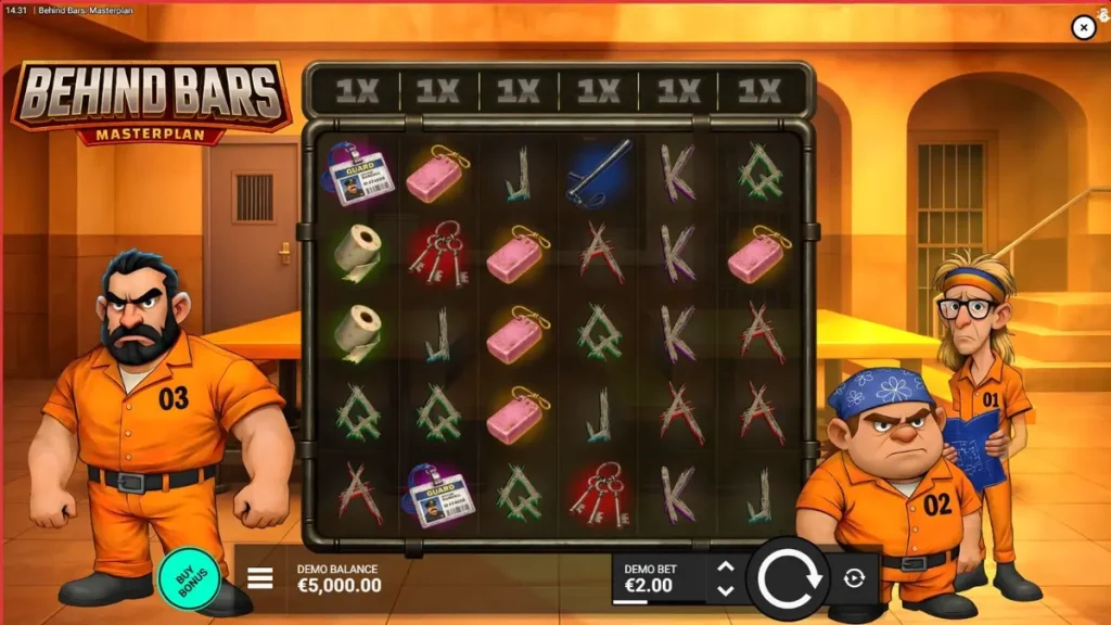 Tampilan visual slot Behind Bars Masterplan dengan tema pelarian penjara