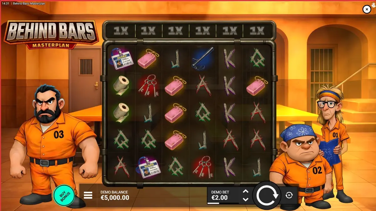 Tampilan visual slot Behind Bars Masterplan dengan tema pelarian penjara