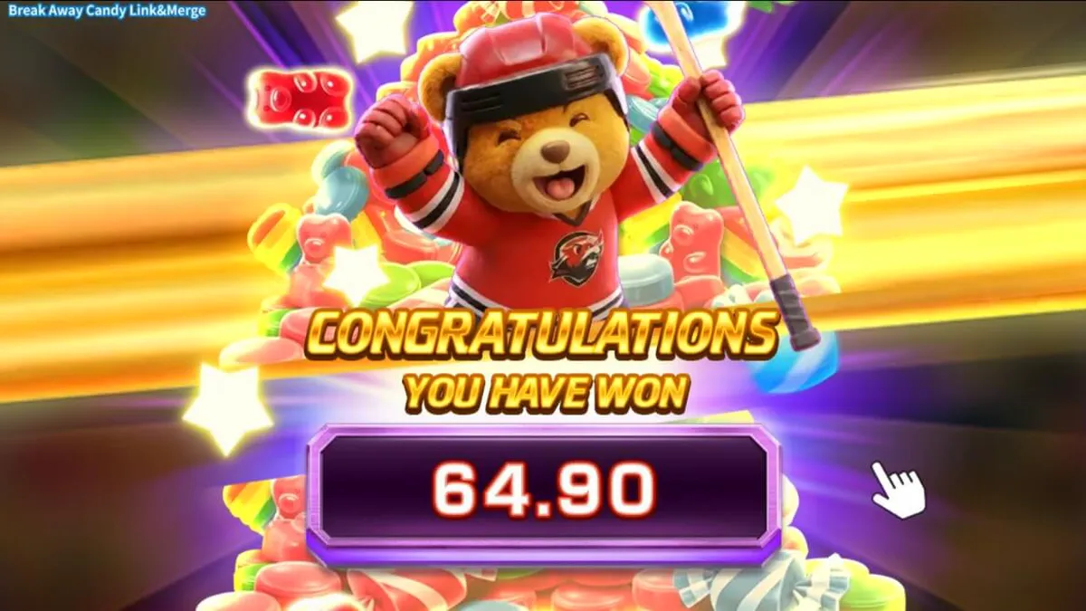 Break Away Candy Link&Merge slot game interface featuring hockey and candy theme