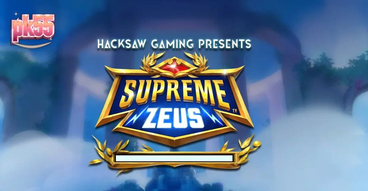 Tampilan layar permainan slot Supreme Zeus dari Hacksaw Gaming, menampilkan Zeus dengan petir di latar belakang Olympus yang megah.